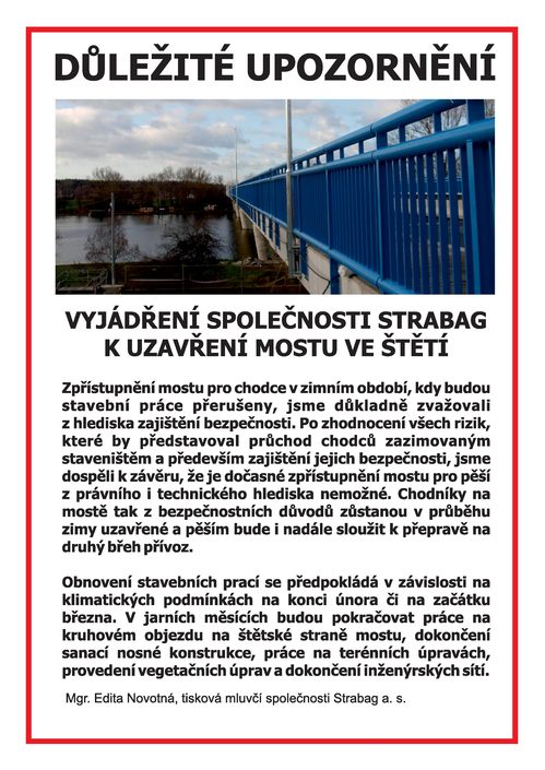 Důležité upozornění: vyjádření společnosti Strabag k uzavření mostu ve Štětí